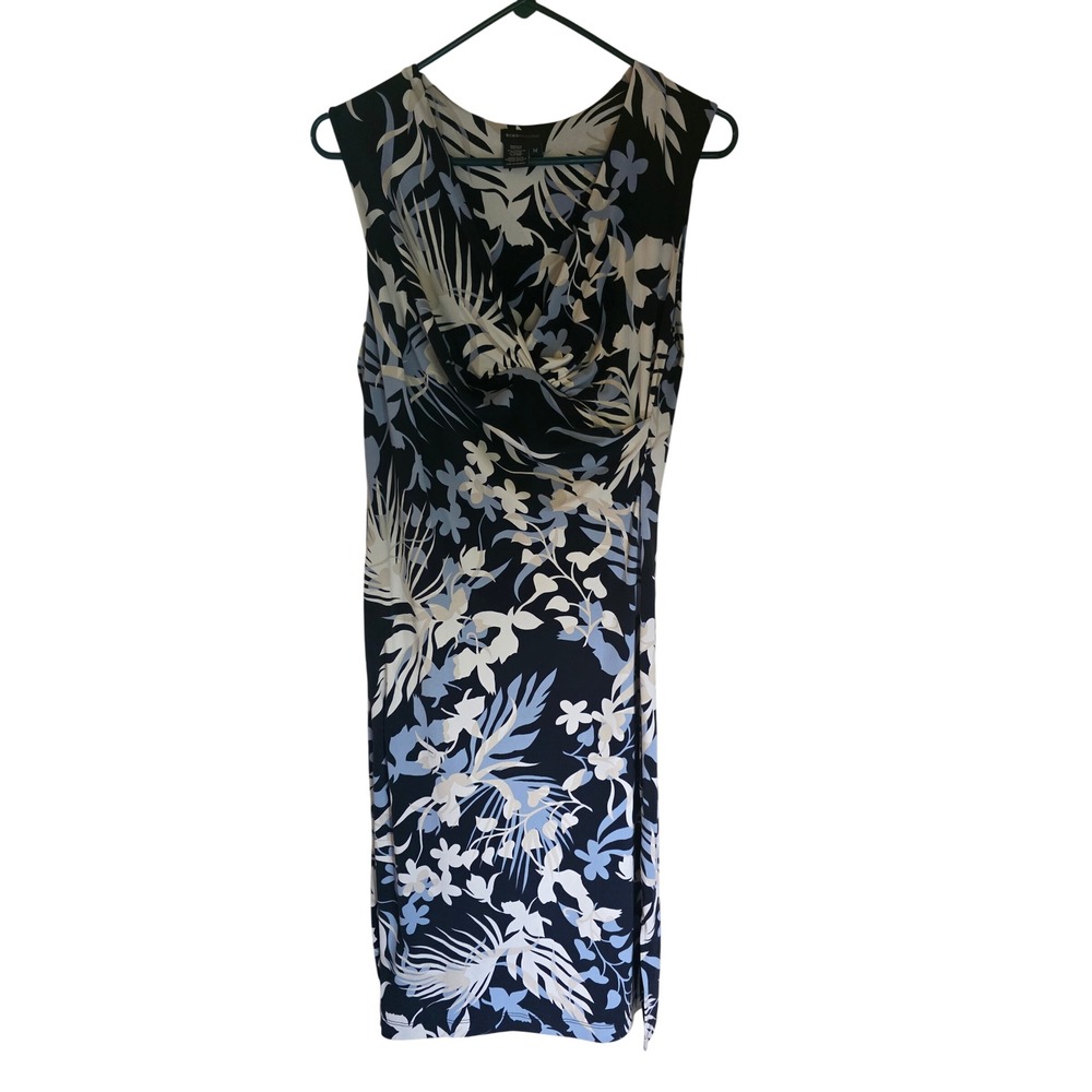 BCBGMAXAZRIA Women Blue Floral Sleeveless Draped Midi Dress Medium Coquette